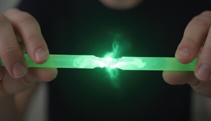 Close-up of breaking glow stick by man's hands, releasing bright green light and smoke. Action shot, studio, high-key lighting,  impactful, dynamic.