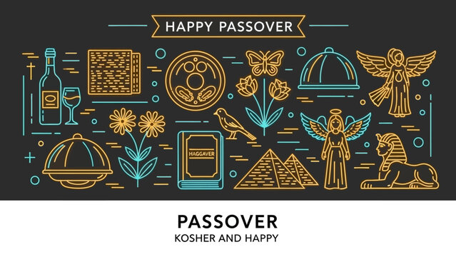 Happy Passover Holiday Symbols and Elements in Flat Design, Kosher and Happy