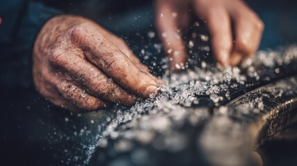 Technician carefully inspecting a tire with glass shards embedded preparing the surface for a plug repair