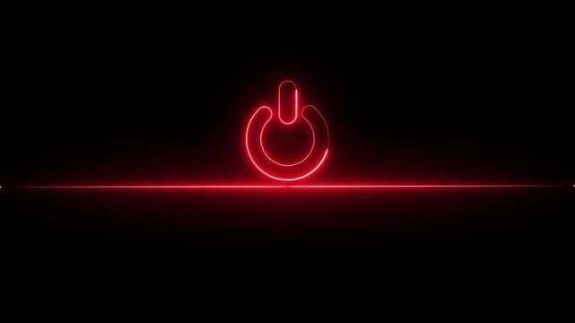 Neon power button animation. Startup power button. Glowing power button icon animation on a black background. Neon light power button turning on and off animation. Power switch symbol.