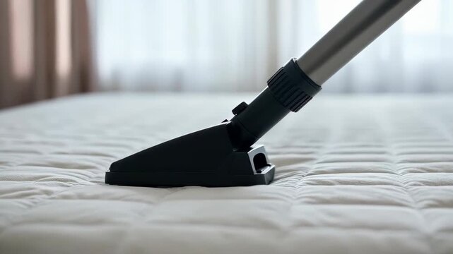 Clean Bed Vacuuming: A close-up shot captures a vacuum cleaner gliding across a clean, pristine mattress, highlighting the meticulous care and hygiene practices.