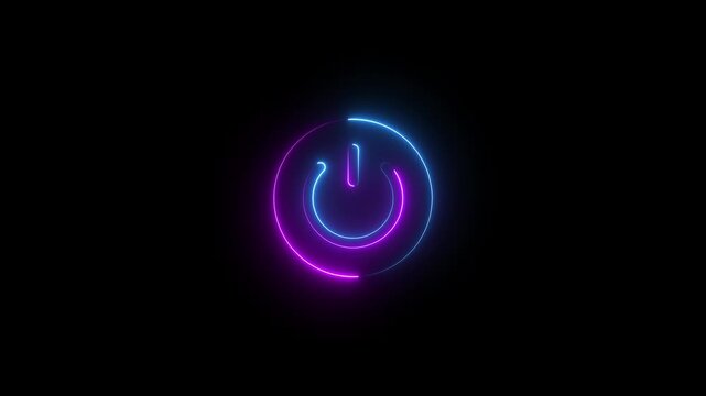 Neon power button animation. Startup power button. Glowing power button icon animation on a black background. Neon light power button turning on and off animation. Power switch symbol.