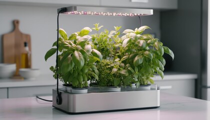 Indoor basil garden growing under LED light in kitchen, fresh herbs, modern design, home gardening, sustainable living, clean kitchen, growing food