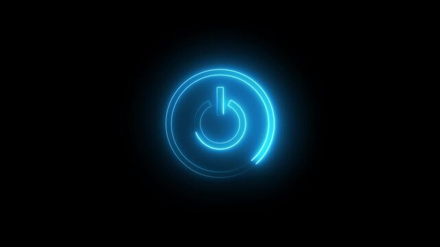 Neon power button animation. Startup power button. Glowing power button icon animation on a black background. Neon light power button turning on and off animation. Power switch symbol.