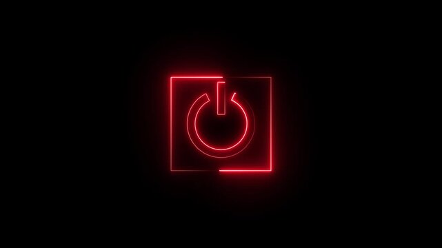 Neon power button animation. Startup power button. Glowing power button icon animation on a black background. Neon light power button turning on and off animation. Power switch symbol.