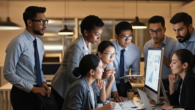 Diverse Business Colleagues Collaborating Late with Copy Space