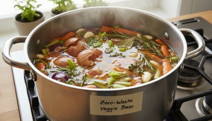 Homemade Vegetable Broth Simmering Zero-Waste Cooking. Stock from Leftover Scraps. Stainless Pot on Gas Stove. Healthy Vegetarian Nutrition, Close-up