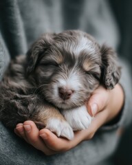 baby puppy being gently comforted, emotional support animal theme