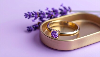 Elegant gold ring with amethyst gemstone on lavender background.
