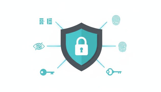 Data security shield icon with lock, digital fingerprints, key, and eye. Flat icon style, simple design, personal data privacy. Clean style. - Powered by Adobe