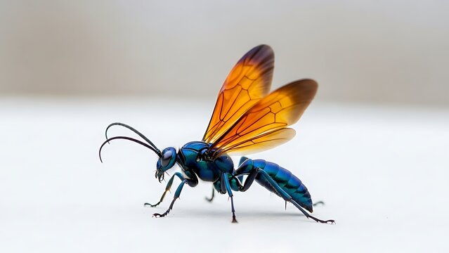tarantula hawk wasp perched on plain bright surface