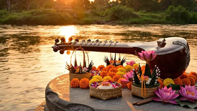Warm golden light illuminates a sacred veena and floral offerings placed by the river, celebrating basant panchami.