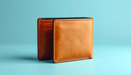 Brown Leather Wallet on Blue Background - Stylish and Practical.