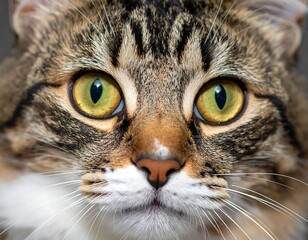Brown tabby cat face, focused on wide green eyes, pink nose and white whiskers. Soft focus background