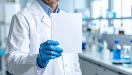 Scientist in lab coat holding transparent sheet in laboratory environment with equipment