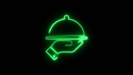 Fototapeta premium Bright neon green outline of a hand holding a serving tray with a dome cover glowing against a dark Generate title without using the word 