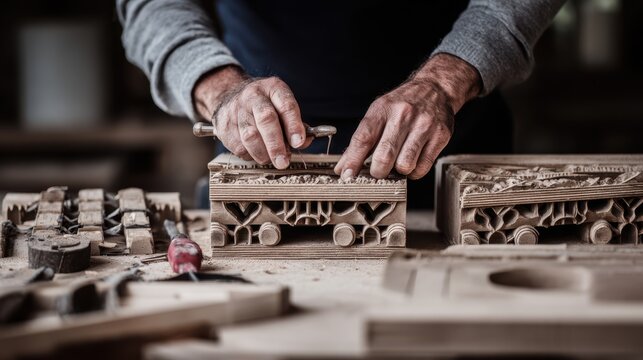 Craftsman assembling a handcrafted wooden mail unit focusing on detailed carving and finishing touches in a workshop environment. - Powered by Adobe