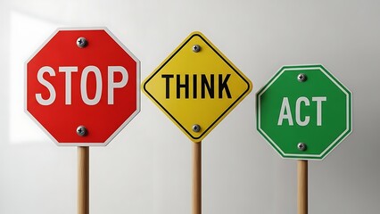 Three road signs with motivational words Stop Think Act
