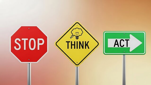 Three motivational road signs for stop, think, and act in business