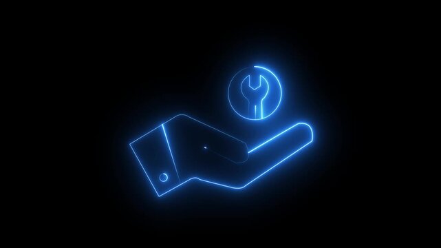A glowing neon line icon showing a helping hand holding a wrench inside a circular symbol, representing technical support, maintenance, service assistance, repair, and customer care. Designed