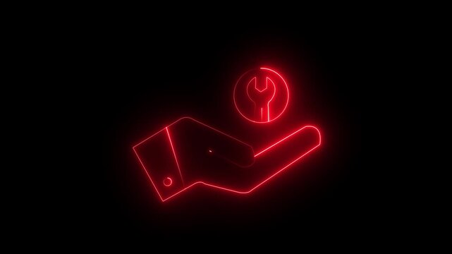 A glowing neon line icon showing a helping hand holding a wrench inside a circular symbol, representing technical support, maintenance, service assistance, repair, and customer care. Designed