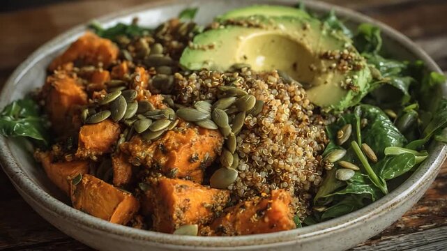 Vibrant Healthy Quinoa Bowl with Sweet Potatoes, Avocado, Spinach, and Pumpkin Seeds.