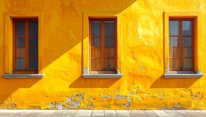 Bright yellow building facade with three window openings cast in warm, vivid sunlight illuminating textured stucco