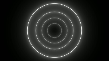 Concentric Generate title without using the word "Title:" before it. white neon circles radiating outward from a dark center on a black background creating a tunnel effect and sense of depth © The_Dream_Stock