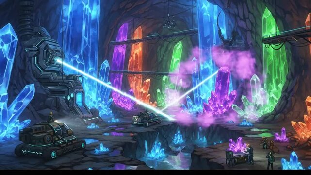Sci-fi cave with huge colorful crystals, lasers, and miners