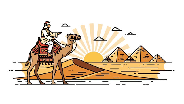 Illustrative Egyptian Desert Landscape with Camel Caravan and Pyramids at Sunrise