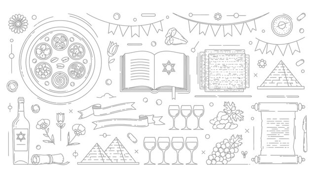 Passover Seder Symbols and Elements Linear Illustration on White Background