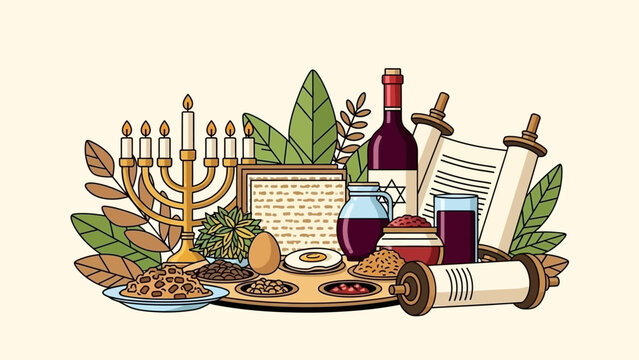 Passover Seder Plate Items, Matzah, Wine, and Torah Scroll Illustration