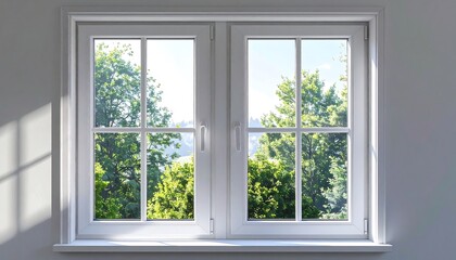 Obraz premium Bright, sunlit room with a window view of lush, green trees under a blue sky through a white, divided pane