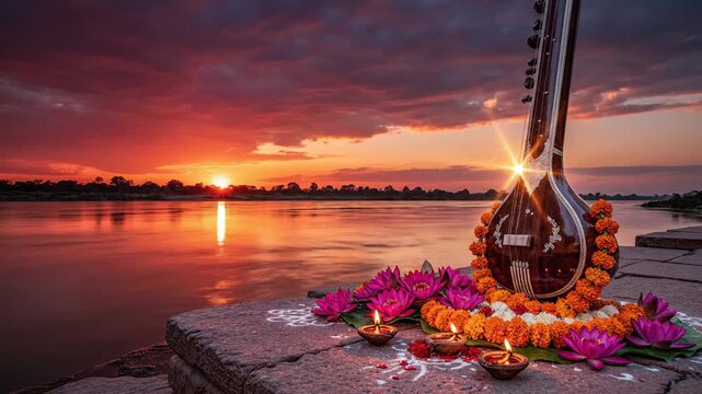 A decorated veena sits on a river ghat surrounded by offerings, celebrating saraswati puja during a dramatic golden hour sunset.