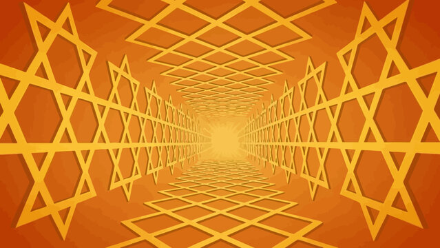 Abstract Orange Tunnel with Golden Star of David Patterns and Geometric Grid Perspective