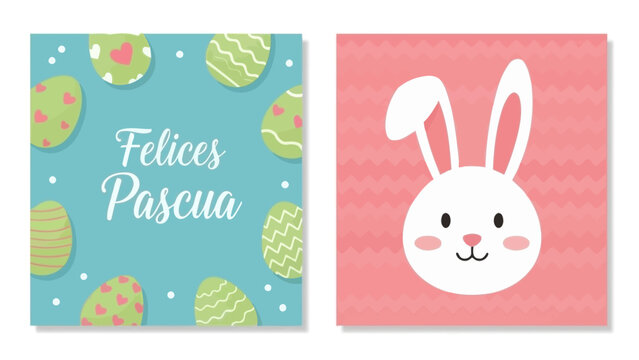 Felices Pascua Card with Easter Eggs and Cute Bunny Face on Pink Background