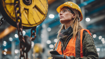 Female industrial worker operating a heavy-duty crane in a construction site, demonstrating skill, safety, and strength in a modern industrial environment.