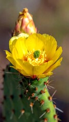 Bright yellow flower blossoms atop a prickly pear cactus pad, under sunlit conditions, with another bud ready to open