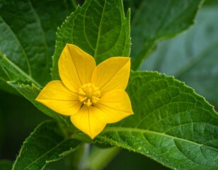 Bright yellow flower with five petals surrounded by textured green leaves in a close-up shot, showcasing detail
