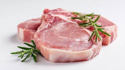 Fresh raw pork chops on a white background, showcasing pink meat texture, ideal for cooking, recipe, butcher, or food preparation concepts.