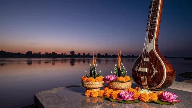 A low-light, spiritual composition of a veena and offerings honoring goddess saraswati for basant panchami.