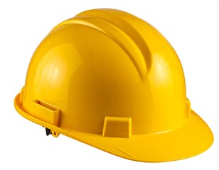 Bright yellow hard hat, angled view. Sturdy construction equipment for safety, isolated on a plain, white background