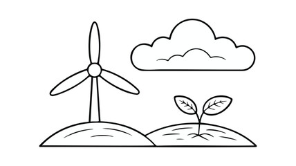 Simple drawing of a wind turbine cloud small plant and rolling hills