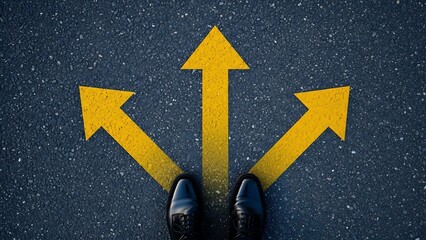 Person standing at crossroads with multiple directional arrows