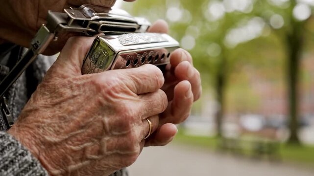 Elderly hands holding silver harmonica in outdoor setting with trees