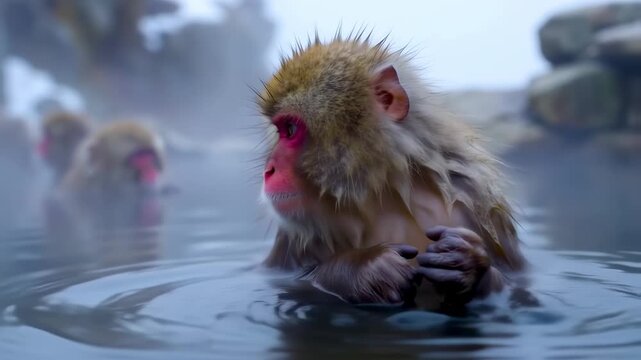 Snow monkey relaxing in a hot spring