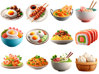 Vibrant 3d Rendered Set of Various Delicious Asian Food Illustrations