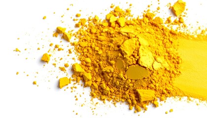 Bright yellow pigment powder in a pile, with streaks, and on a clean white backdrop