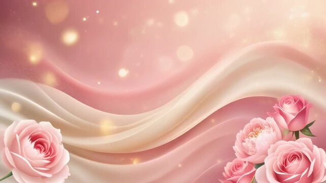 Delicate Pink Roses and Soft Silk Fabric flowing in a Dreamy Pink and Bokeh Setting, Close-up View of Spring Elegance