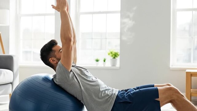 Athletic Man Stretching Back on Fitness Ball During Home Workout in Living Room